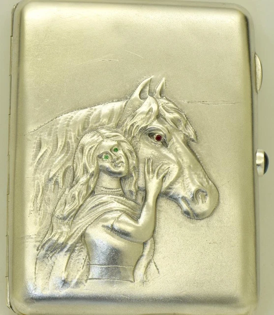 Imperial Russian Faberge Cigarette Case Jewelled Repousse Silver Ruby Emerald