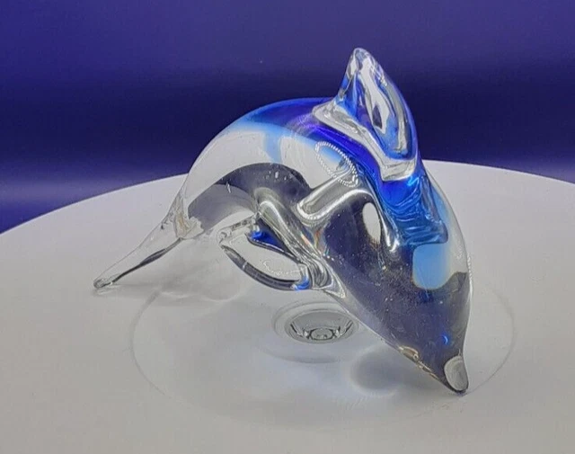 Glass Dolphin Clear Blue Figurine Paperweight Art Glass Hand Blown 3.25"x 4.5"