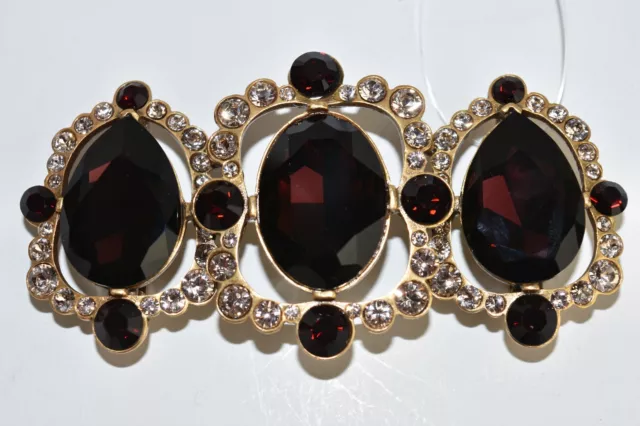 NEW w TAGS  Oscar de la Renta Belt Buckle Brooch Jeweled Gold Burgundy CRYSTALS