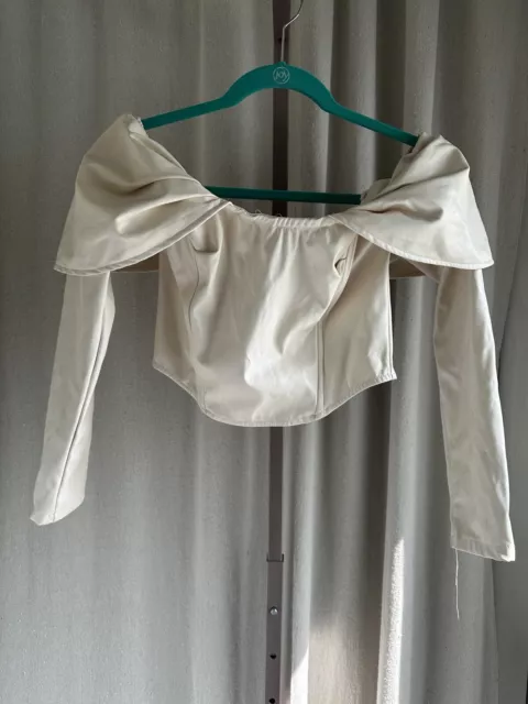 Pretty Little Thing Long Sleeve Corset Top Sz 4 Cream Fax Leather Back Zip