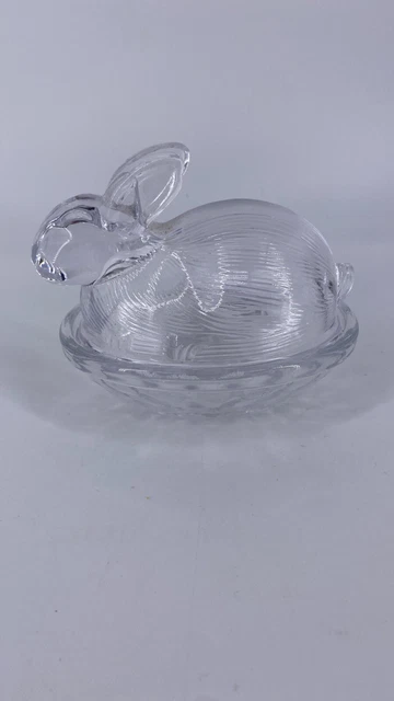 Vintage Clear Glass Easter Bunny Rabbit on Basket Nest Covered Lidded Candy Dish
