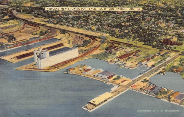 Vtg Postcard Pennsylvania PA Erie Harbor Port Aerial Airplane View Freight Ships
