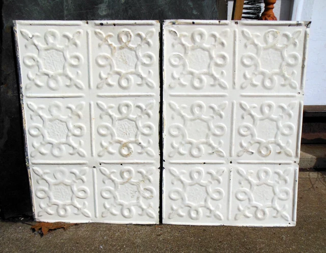 SALE 2 Antique Ceiling Tin Tile Fleur De Li Flower Elegant Pie Cupboard Doors 2