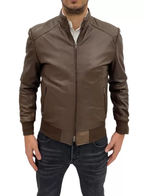 Giubbino giacca in vera pelle uomo, marrone slim fit modello biker, sconto 50%.