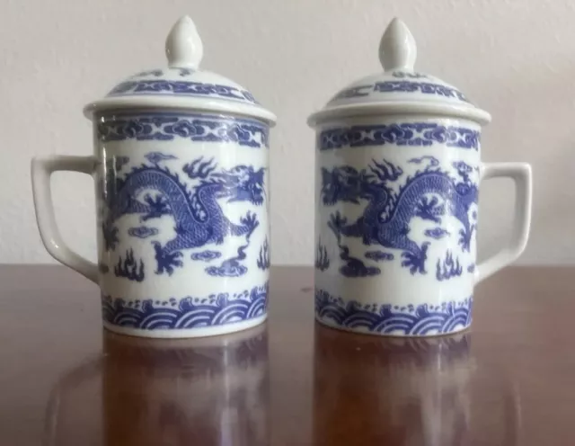 Set Chinese Dragon Coffee Mugs with Lids 2 Porcelain Office China Tea Cups