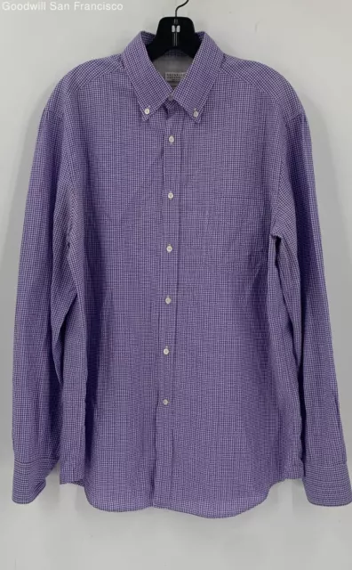 Brunello Cucinelli Mens White Purple Check Cotton Italy Button-Up Shirt Size L