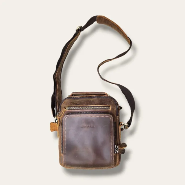 Jack and Chris Men's Brown Leather Messenger Crossbody Bag Multiple Pockets