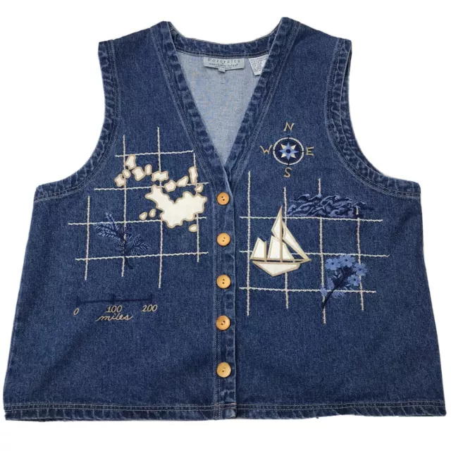 Vintage 80s Nautical Denim Vest Large Portraits by Northern Isles Maps Sailing