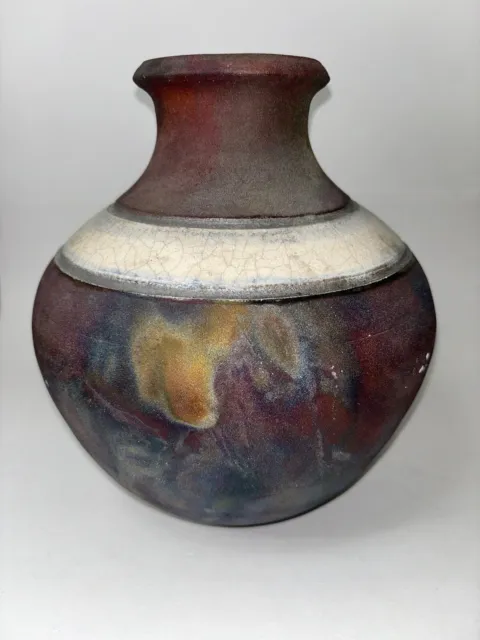 Large Vintage Ryan J. Rudie Raku Art Pottery Iridescent Vessel Vase 10” Signed