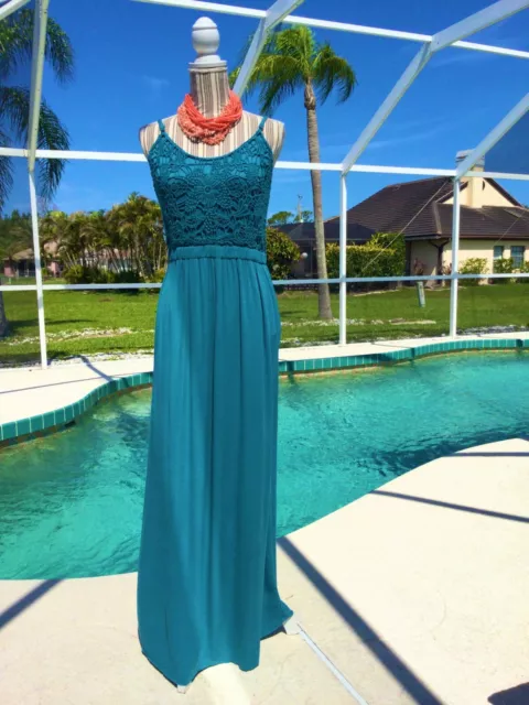 ONE WORLD Teal Blue DRAMATIC Crochet top/Smocked Back X-LITE Gauzy Maxi XL euc