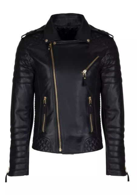 Men's Genuine Lambskin Quilted Leather Motorcycle Jacket Slim fit Biker Jacket