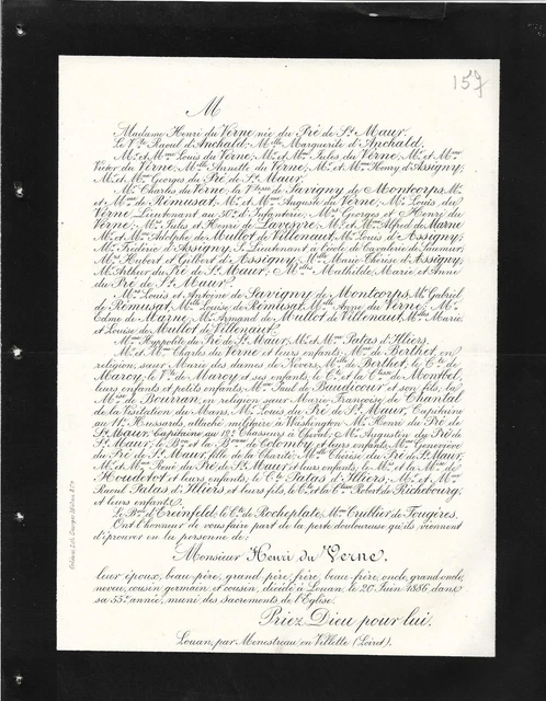 FAIRE PART DECES + Henri du VERNE + 1886 Louan, Menestreau en Villette