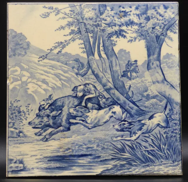 Boar Hunting Catch Dog Horse Hunter GIEN Art Nouveau Tile Jugendstil Tegel 1900