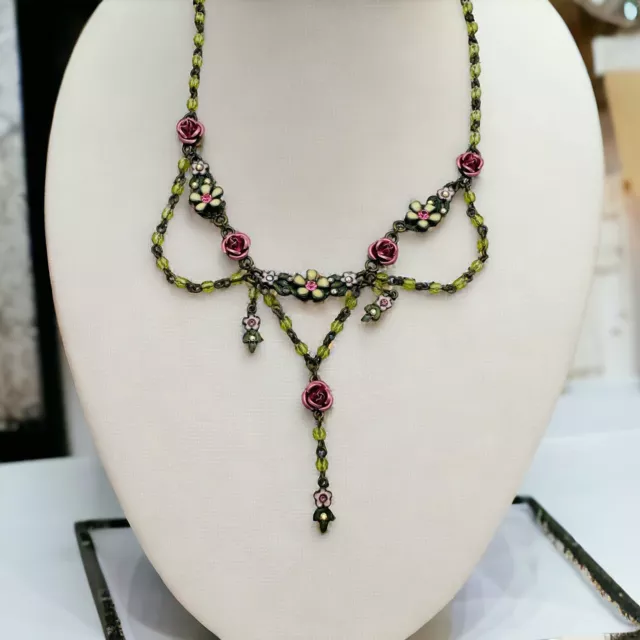 Avon NR Nina Ricci Festoon Necklace Pink Roses Beads Enamel Flowers Rhinestones