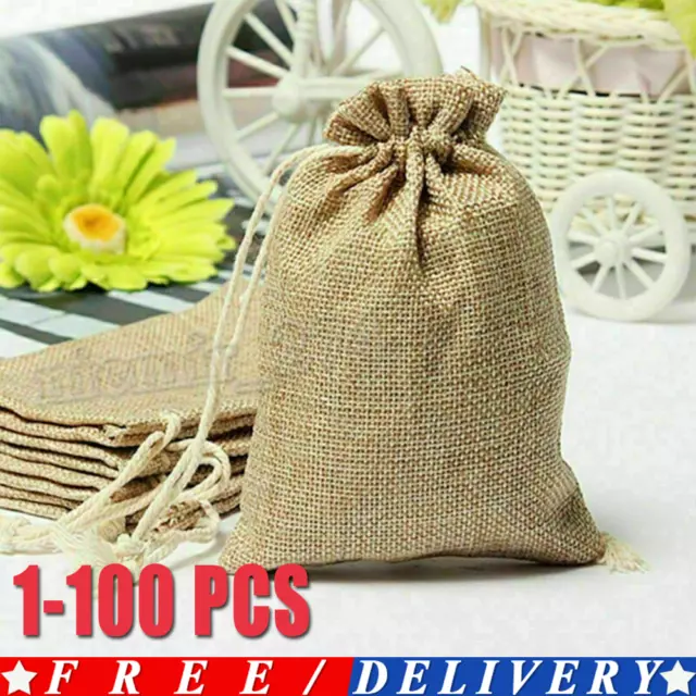 1-100× Small Drawstring Pouch Bags Burlap Jute Hessian Wedding Favor Gift Cand