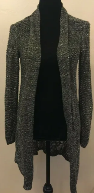 Eileen Fisher Womens Open Front Cardigan XS Black Knit Silver Metallic Linen