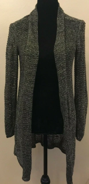 Eileen Fisher Womens Open Front Cardigan XS Black Knit Silver Metallic Linen