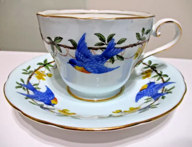 *RARE* AYNSLEY Vintage BLUEBIRD & GARLAND Powder Blue TEACUP & SAUCER c.1940's