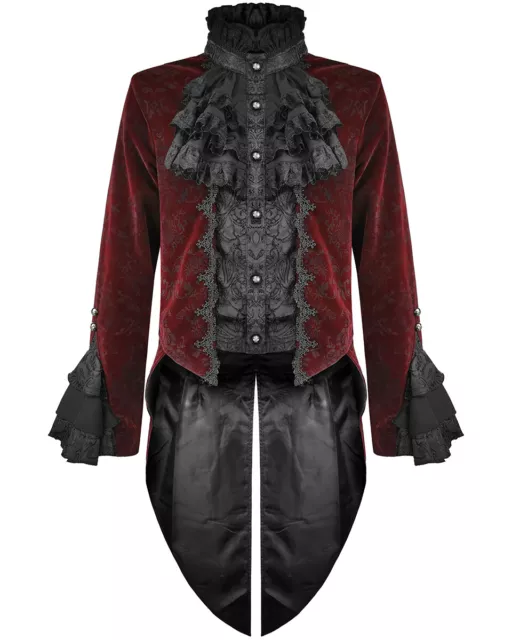 Devil Fashion Hommes Gothique Queue de Pie Veste Rouge Noir Velours Brocart