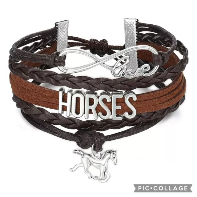 Horse Infinity Love Charm Silver Brown Leather Bracelet Women's Girl's Fashion