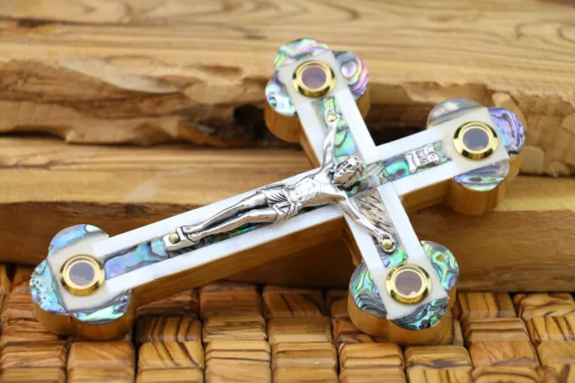 Olive Wood Mother of Pearl Cross Greek & Russian Orthodox Crucifix Jerusalem New 2