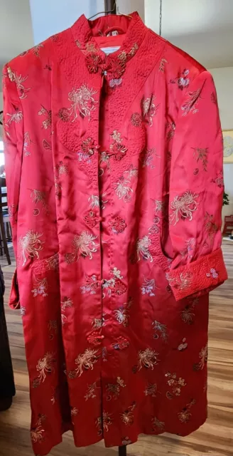 Peony Shanghai China Traditional Chinese Dress Robe Red Floral Kimono Size 38