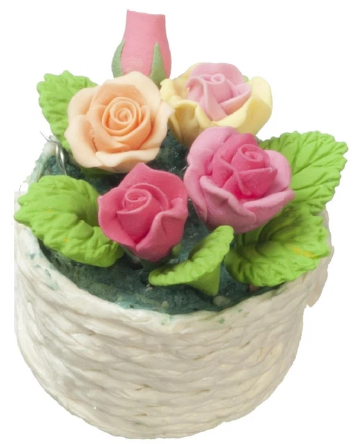Dolls House Roses Flower Floral White Display Basket 1:12 Home Garden Accessory