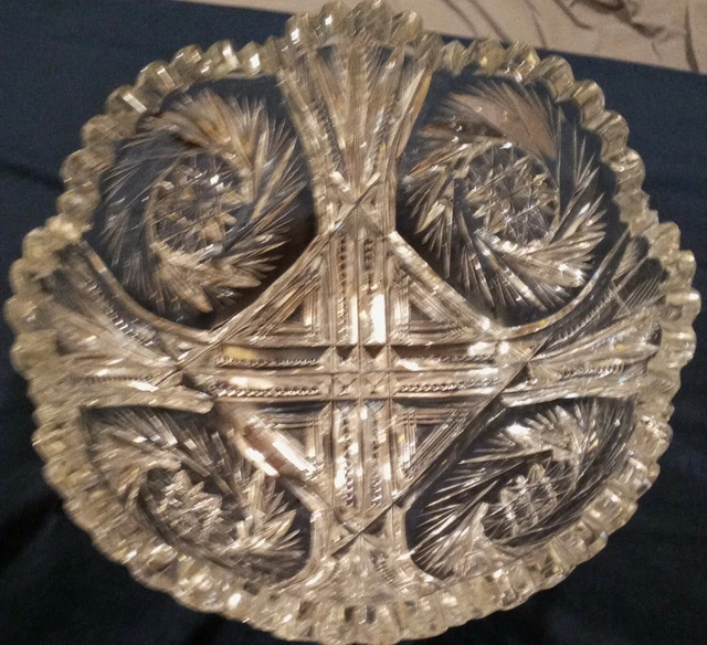 Vintage Brilliant Cut Glass Czech Bohemian Sawtooth Feather Hobstar Fruit Bowl