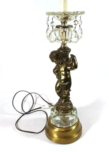 Hollywood Regency Brass Cherub Mid Century Crystal Luster Table Lamp Vintage