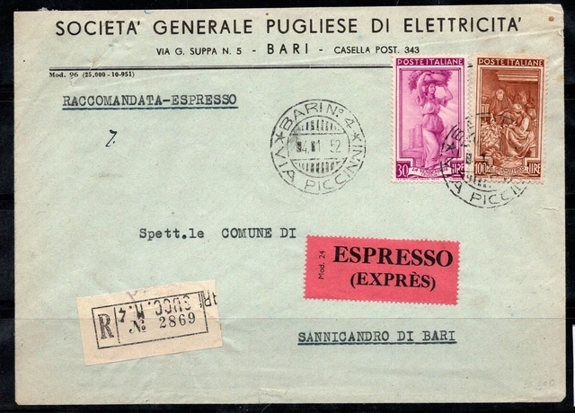 Italie République 1952 Enveloppe 100% exprés Recommandé, Bari oblitéré