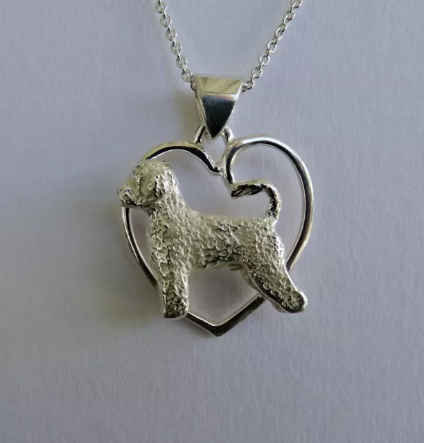 Large Sterling Silver Portuguese Water Dog Standing Study On A Heart