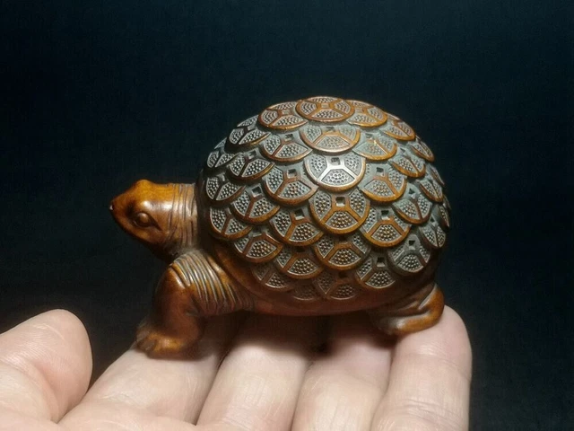 3.14" Japanese Boxwood Hand Carved Coin Turtle Figure Statue Collectable