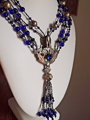 Antique Spanish Colonial Tupo Pin Necklace Hand-Poured Cobalt Blue Glass  Silver 2