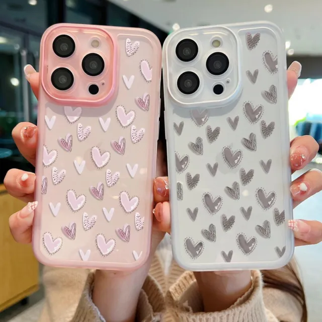 For iPhone 15 Pro Max 14 13 12 11 Love Heart Pattern Clear TPU Soft Case Cover