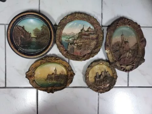 lot de 5 anciennes assiettes plâtre peint main