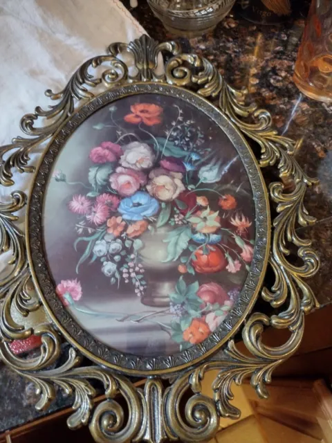 VTG Ornate Brass Frame Floral Picture's Convex Oval Bubble Glass Made In Italy