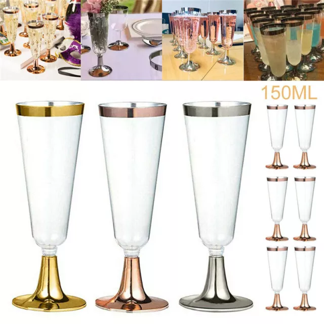 6x Champagne Prosecco Flutes Glasses Set Plastic Disposable Wedding Party Rimmed