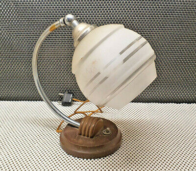 Ancienne Lampe de Chevet Verre Dépoli Pied en Bois Vintage Art Déco