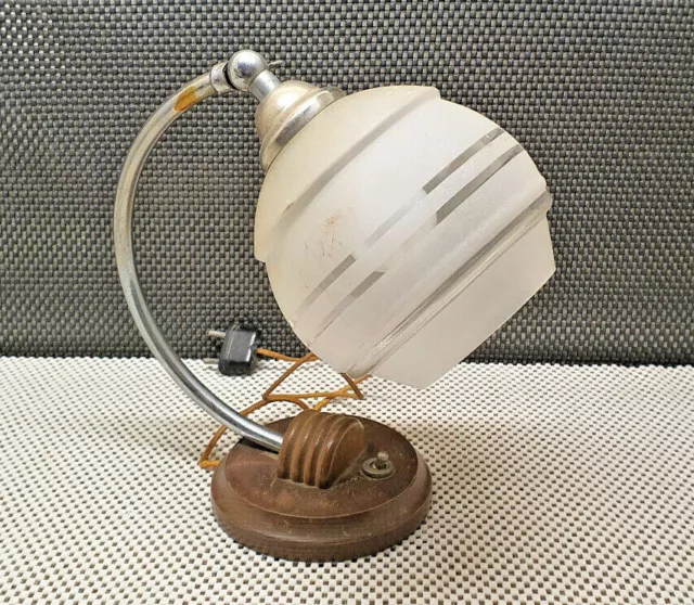 Ancienne Lampe de Chevet Verre Dépoli Pied en Bois Vintage Art Déco