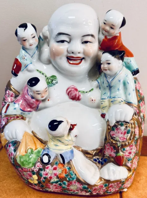 Large Chinese Famille Rose Porcelain Laughing Happy Buddha With 5 Children