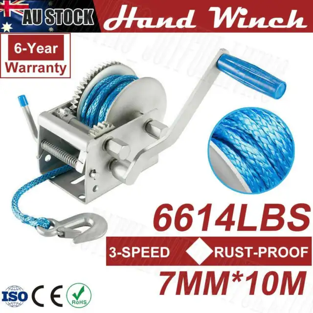 4WD Hand Winch 3000KG/6614LBS 3Speed 4x4 Car Boat Marine Trailer Synthetic Rope