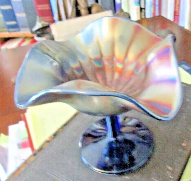 Northwood Cobalt Blue frosted  Carnival Glass Compote IRIDESCENT TOP