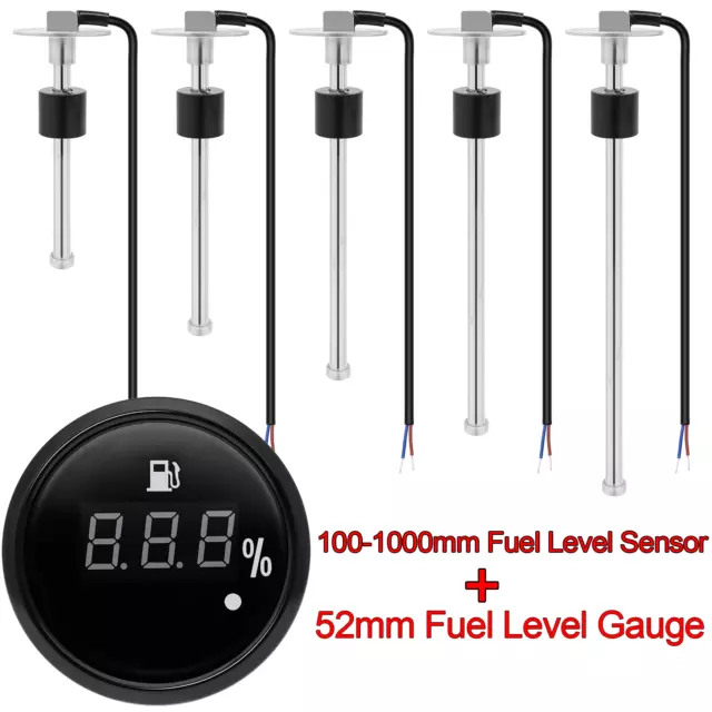 52mm Boat Car GAS Fuel Level Gauge with 100-1000MM Fuel Level Sensor Unit Sender