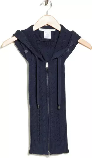 $258 VERONICA BEARD Helli Hooded Dickey Cotton Cable Knit Navy Blue OS NWT