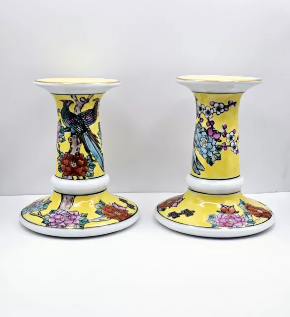 Vintage Gold Imari Peacock Bird Cherry Blossom Flower Candlestick Holders Pair