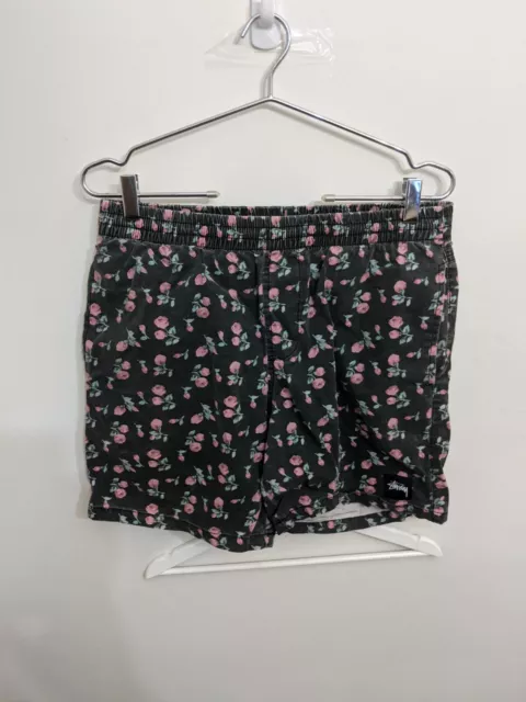 Stussy Shorts Mens Size 32 Black Rose Flower Floral Print Streetwear Polyester