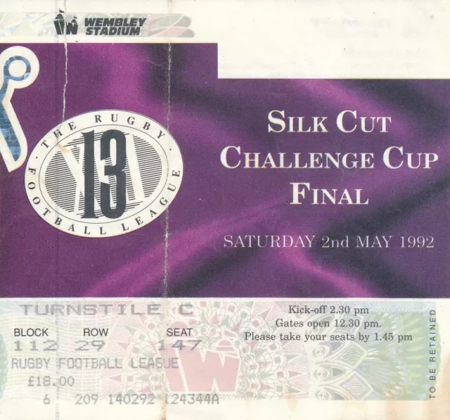 RUGBY LEAGUE CHALLENGE CUP FINAL TICKET 1992 Wigan v Castleford