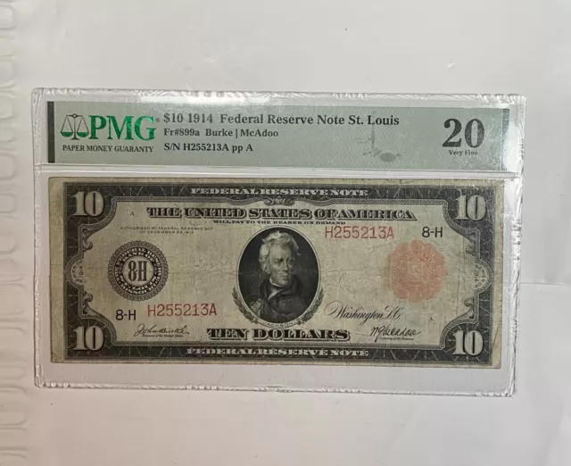 Pmg 20 Fr#899A 1914 $10 Red Seal  Federal Reserve Note Problem Free