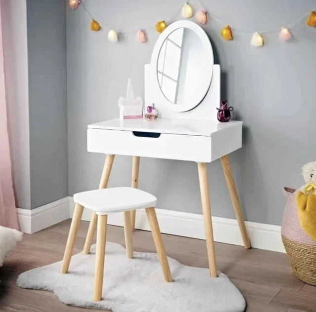 Juego de tocador blanco con taburete y espejo para niñas maquillaje vestidor decoración 107x60 cm