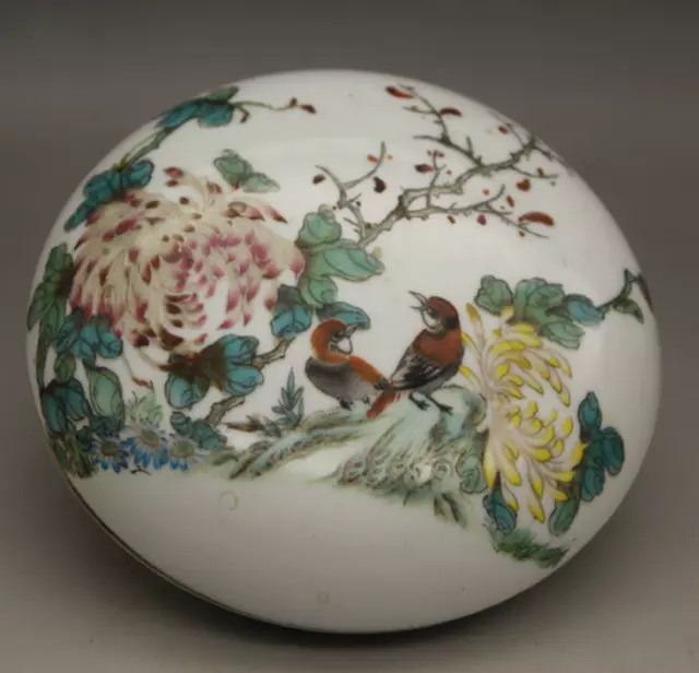 11*4cm Chinese Famille-rose Porcelain Chrysanthemum Flowers Birds Round Ink Box